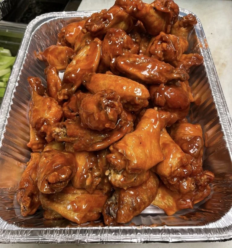 Tray of wings for catering at Rooster's Wings & Brew in Mohegan Lake, NY