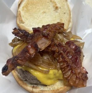 Handmade burger at Rooster's Wings & Brew.