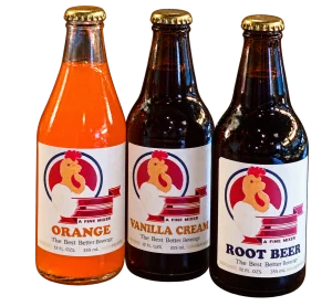 Rooster's bottled Orange, Vanilla Cream and Root Beer sodas.