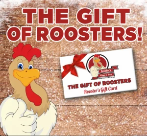 Rooster's Wings & Brew gift card with a red ribbon and rooster artwork.