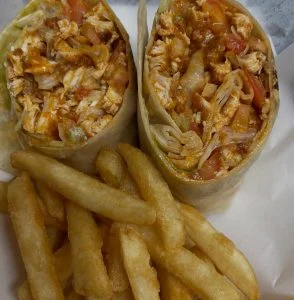 Rooster's Buffalo chicken wrap with fries