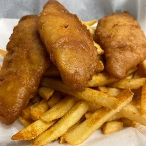 Rooster's Fish & Chips with golden battered fish and fries