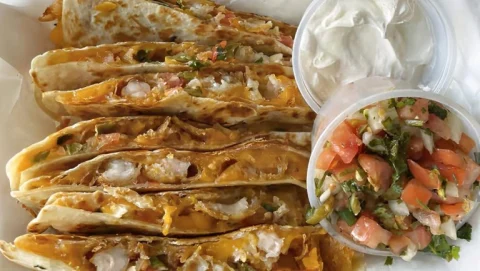 Battered Fried Shrimp Quesadilla at Rooster's Wings & Brew.