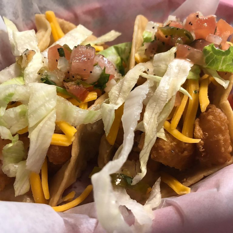 Battered shrimp tacos at Rooster’s Wings & Brew