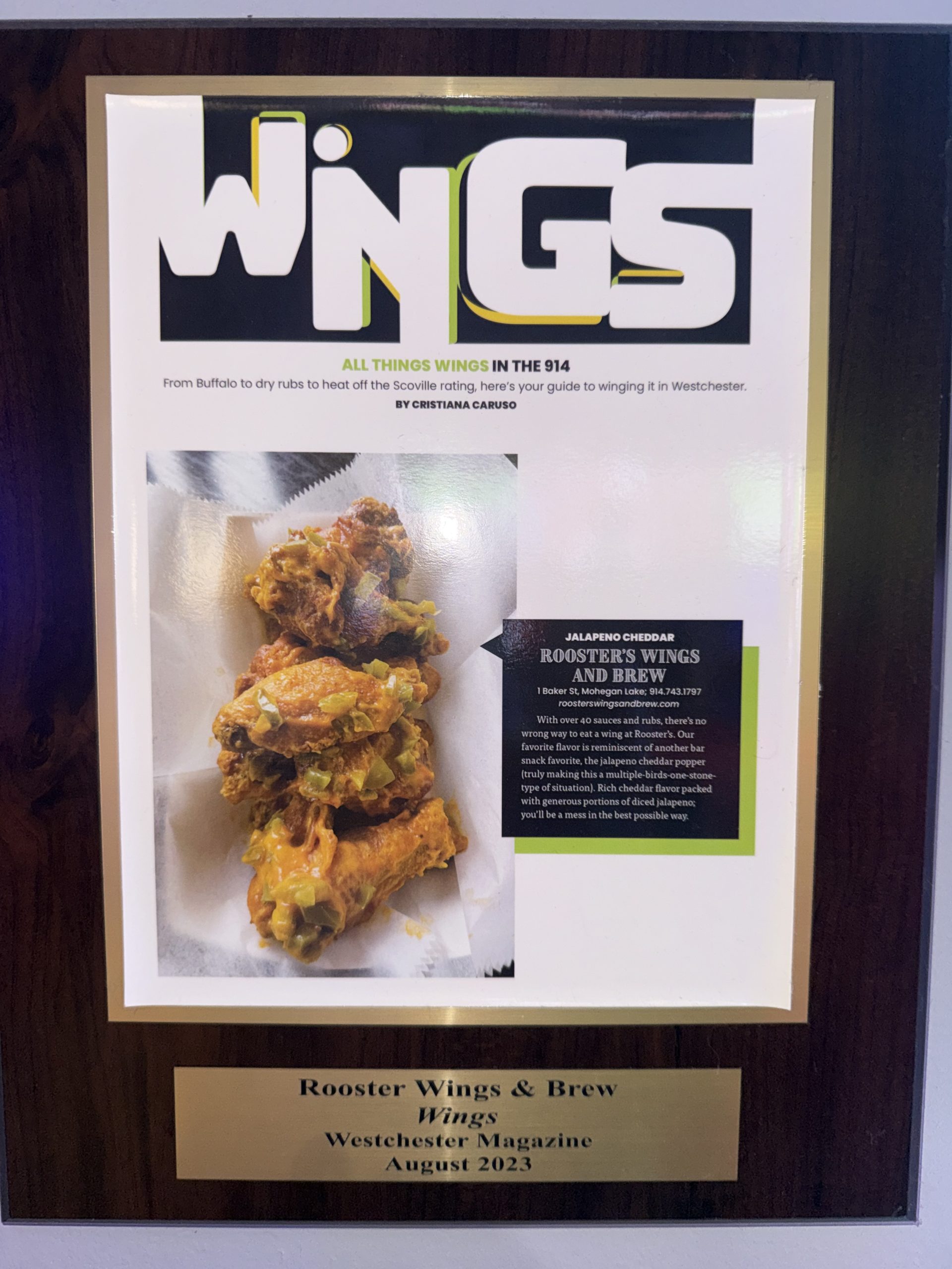 Framed Westchester Magazine Wings feature recognizing Rooster's Wings & Brew and its jalapeño cheddar wings