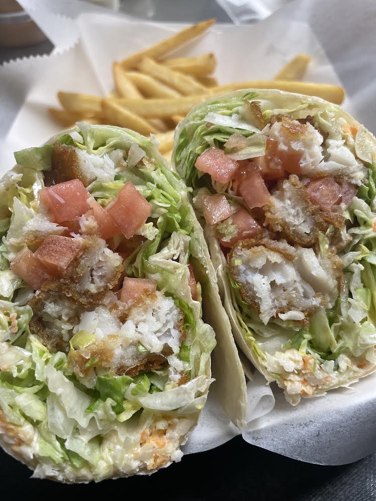 Roosters chicken wrap and fries